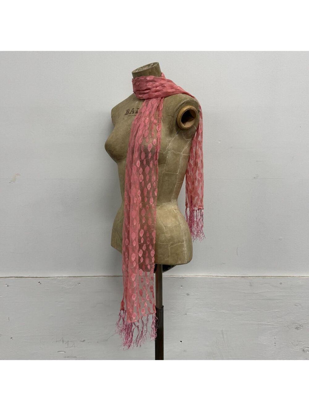 Vintage Y2K Dusty Rose Pink Devoré Velvet Polka Dot Skinny Fringe Scarf